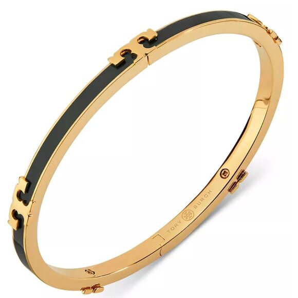 Tory Burch Black & Gold Enamel Serif Bangle Bracelet - Picture 3 of 9